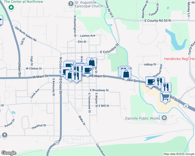 map of restaurants, bars, coffee shops, grocery stores, and more near 301 East Main Street in Danville