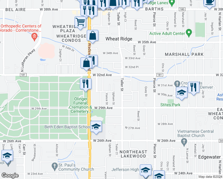 map of restaurants, bars, coffee shops, grocery stores, and more near 3010 Upham Court in Wheat Ridge