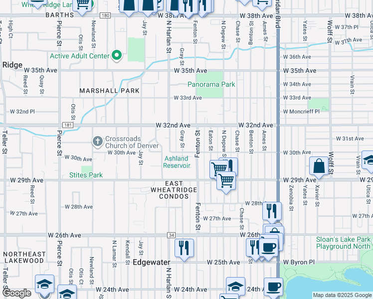 map of restaurants, bars, coffee shops, grocery stores, and more near 5885 West 30th Avenue in Wheat Ridge