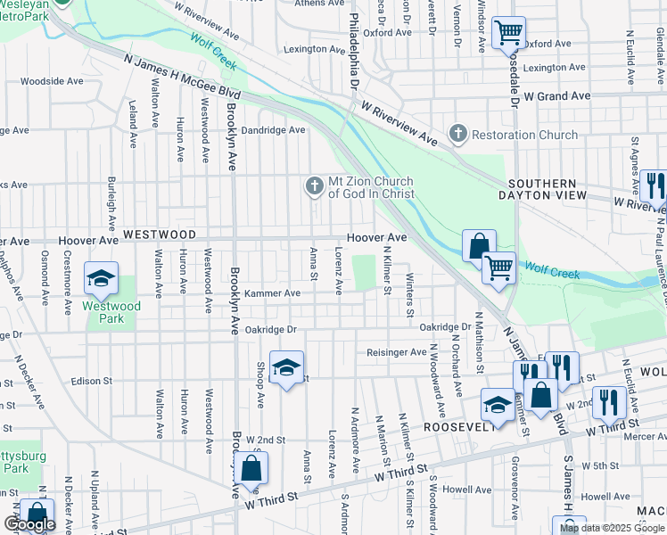 map of restaurants, bars, coffee shops, grocery stores, and more near 433 Lorenz Avenue in Dayton
