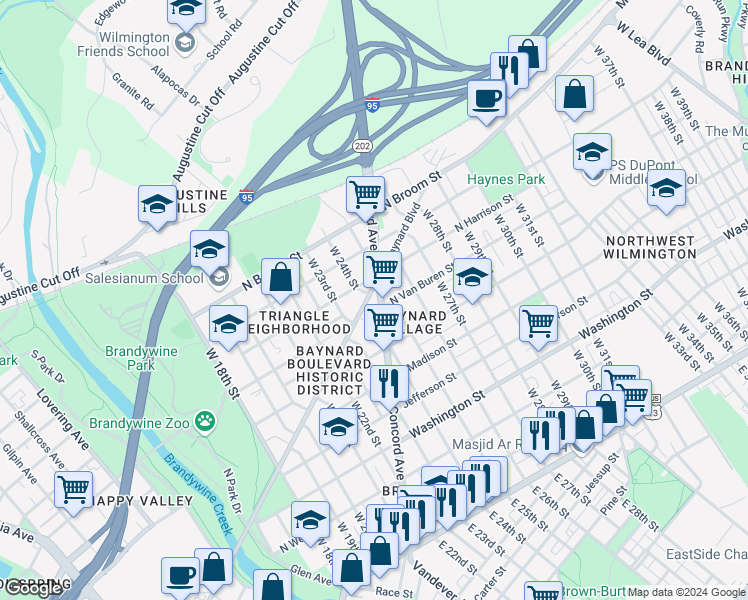 map of restaurants, bars, coffee shops, grocery stores, and more near 2400 Baynard Boulevard in Wilmington