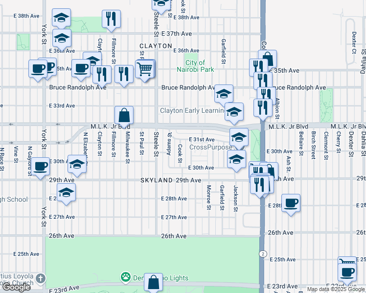 map of restaurants, bars, coffee shops, grocery stores, and more near 3072 Cook Street in Denver