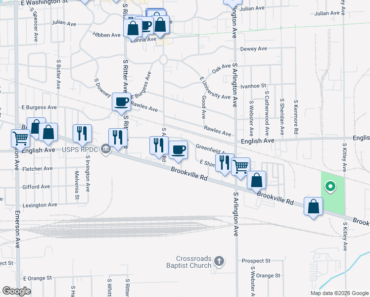 map of restaurants, bars, coffee shops, grocery stores, and more near 437 South Graham Avenue in Indianapolis
