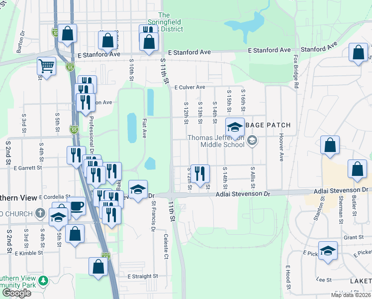 map of restaurants, bars, coffee shops, grocery stores, and more near 3011 South 12th Street in Springfield