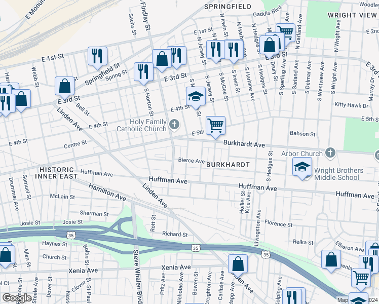 map of restaurants, bars, coffee shops, grocery stores, and more near 26 Gerlaugh Avenue in Dayton