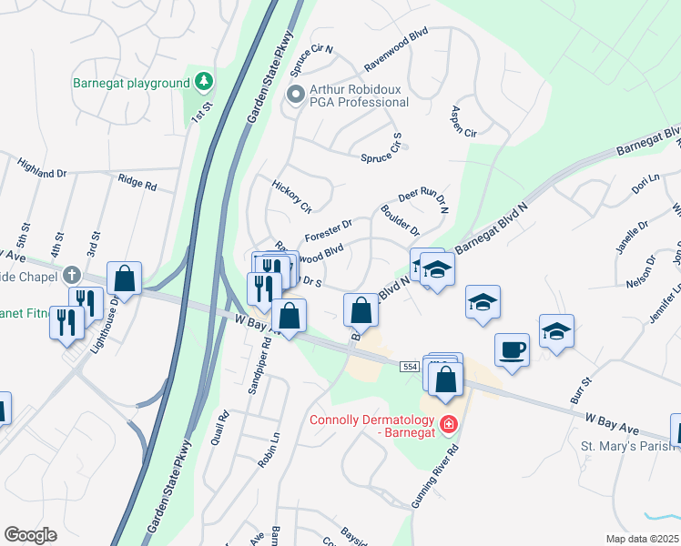 map of restaurants, bars, coffee shops, grocery stores, and more near 8 Woodmere Court in Barnegat Township