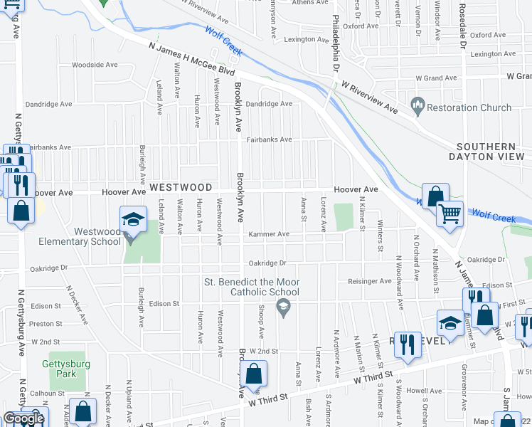 map of restaurants, bars, coffee shops, grocery stores, and more near 434 Shoop Avenue in Dayton