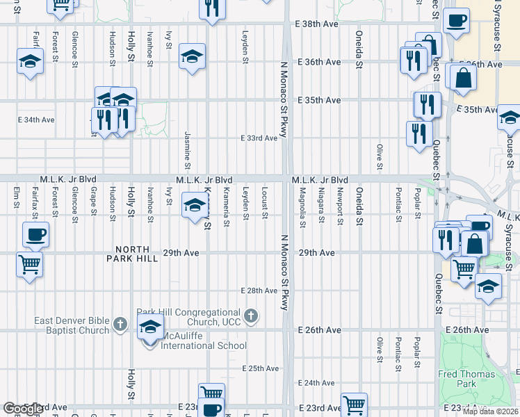 map of restaurants, bars, coffee shops, grocery stores, and more near 3011 Locust Street in Denver