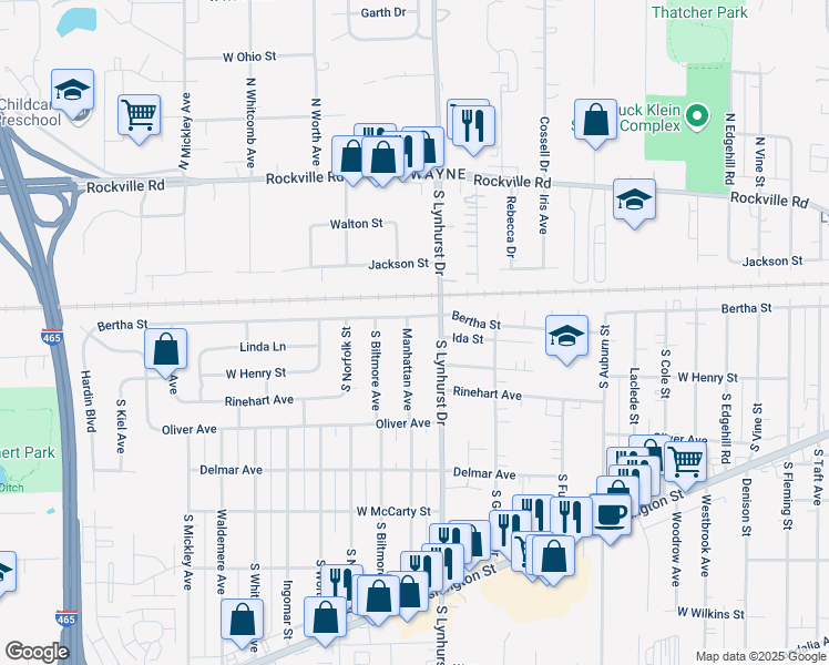 map of restaurants, bars, coffee shops, grocery stores, and more near 315 Manhattan Avenue in Indianapolis