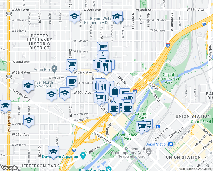map of restaurants, bars, coffee shops, grocery stores, and more near 3000 Tejon Street in Denver