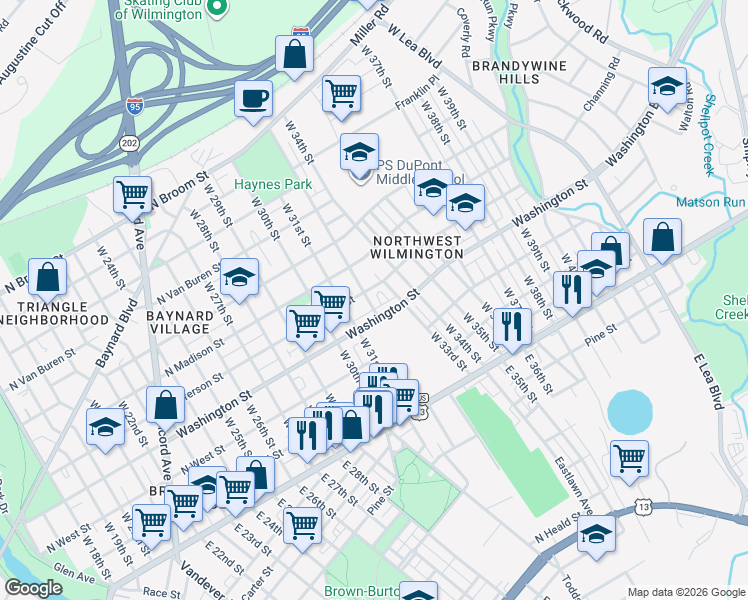 map of restaurants, bars, coffee shops, grocery stores, and more near 307 West 32nd Street in Wilmington
