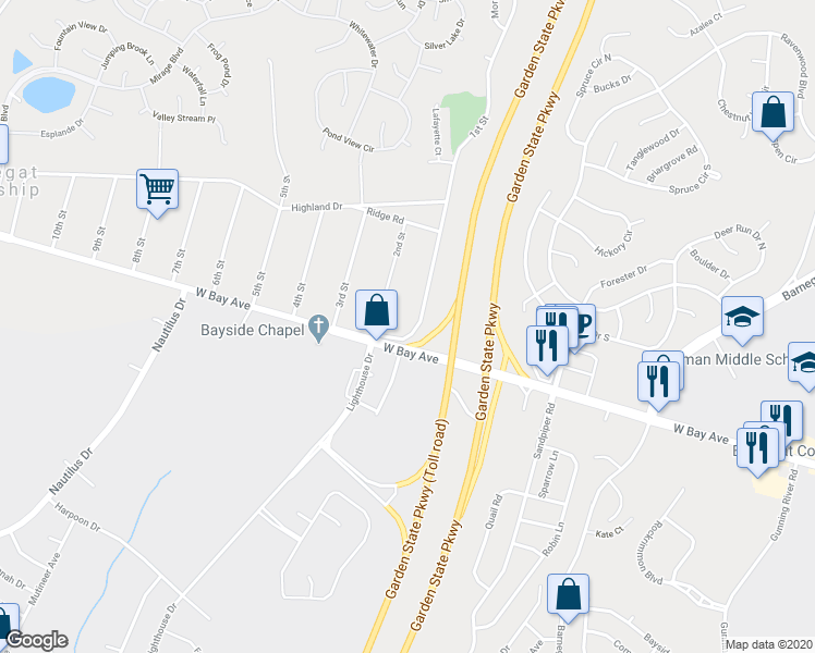 map of restaurants, bars, coffee shops, grocery stores, and more near 5 1st Street in Barnegat Township