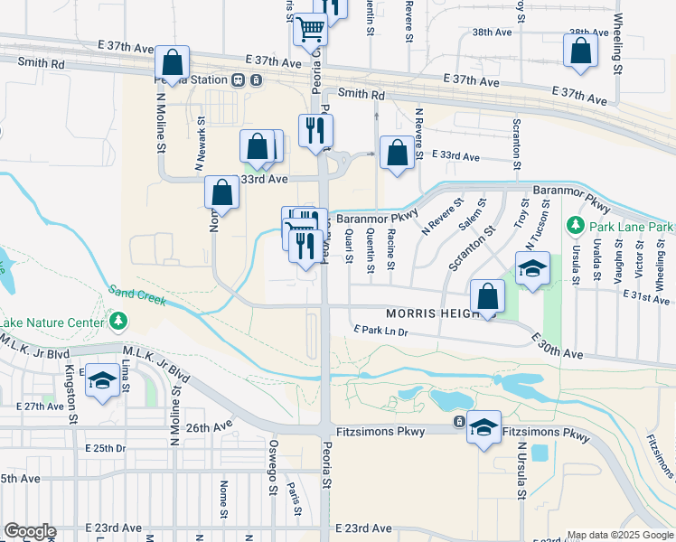 map of restaurants, bars, coffee shops, grocery stores, and more near 3083 Peoria St in Aurora