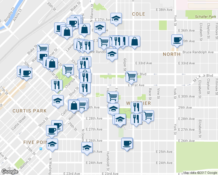map of restaurants, bars, coffee shops, grocery stores, and more near 3053 Humboldt Street in Denver