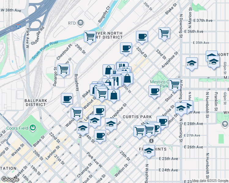 map of restaurants, bars, coffee shops, grocery stores, and more near 2828 Larimer Street in Denver
