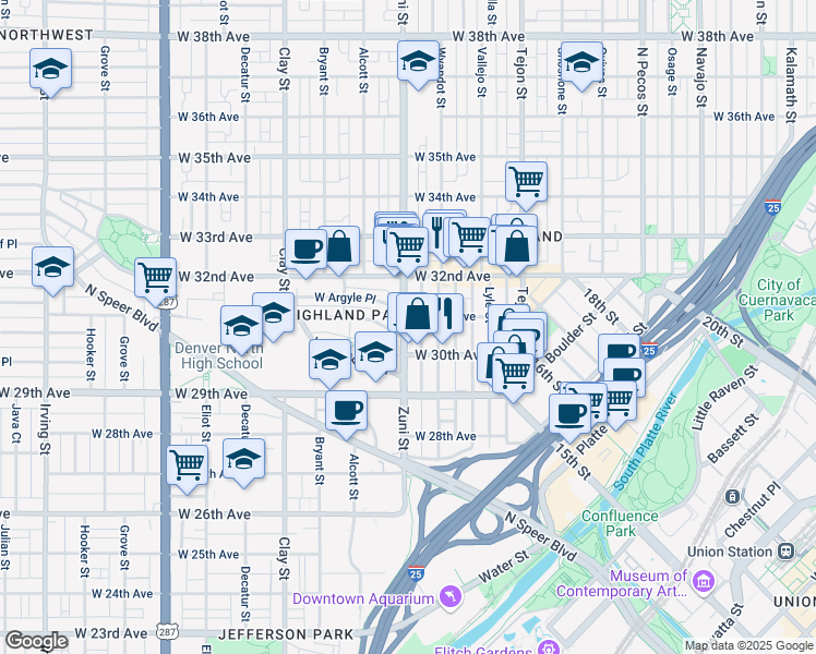 map of restaurants, bars, coffee shops, grocery stores, and more near 2320 West 31st Avenue in Denver
