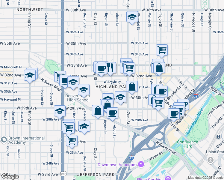 map of restaurants, bars, coffee shops, grocery stores, and more near 2950 Fife Court in Denver