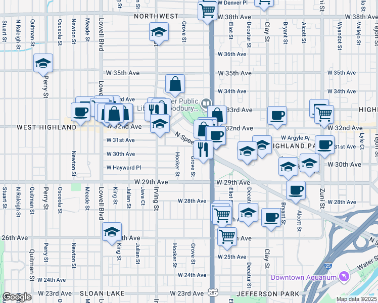 map of restaurants, bars, coffee shops, grocery stores, and more near 3015 Grove Street in Denver