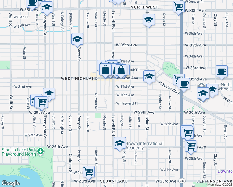 map of restaurants, bars, coffee shops, grocery stores, and more near 3010 Lowell Boulevard in Denver