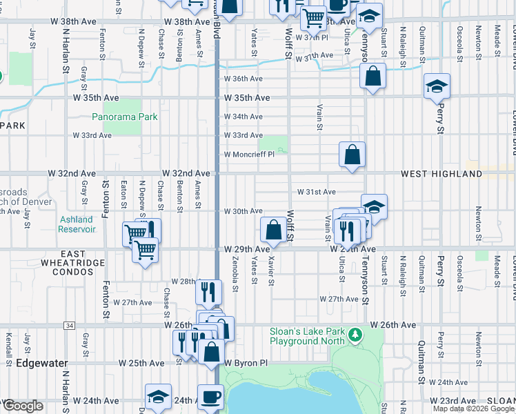 map of restaurants, bars, coffee shops, grocery stores, and more near 5007 West 30th Avenue in Denver