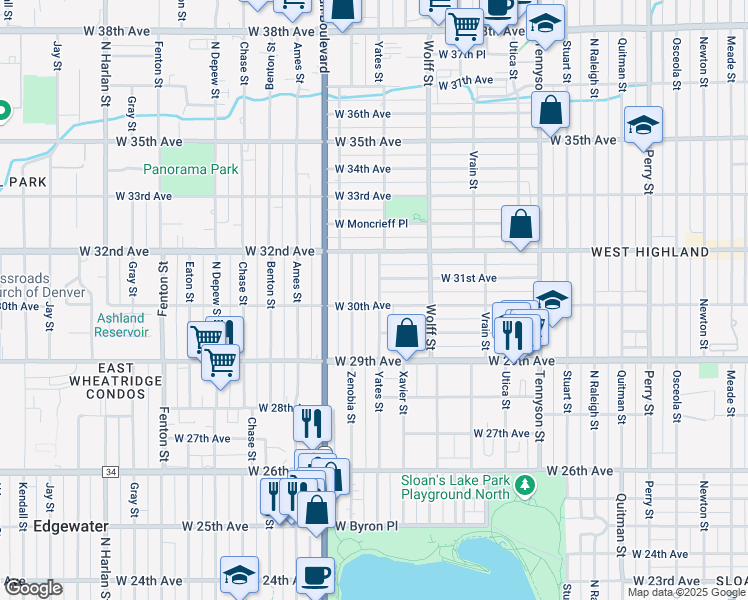 map of restaurants, bars, coffee shops, grocery stores, and more near 5007 West 30th Avenue in Denver