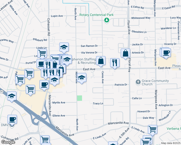 map of restaurants, bars, coffee shops, grocery stores, and more near 1 Bristol Court in Chico