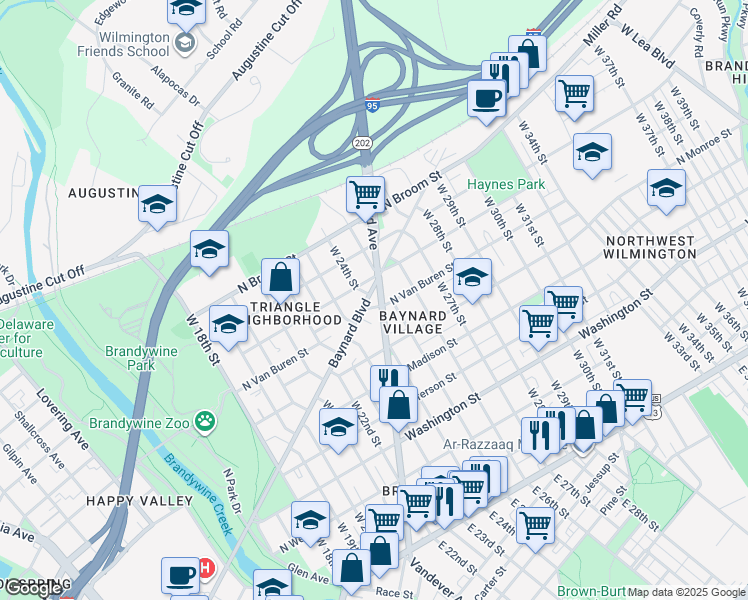 map of restaurants, bars, coffee shops, grocery stores, and more near 2311 Baynard Boulevard in Wilmington