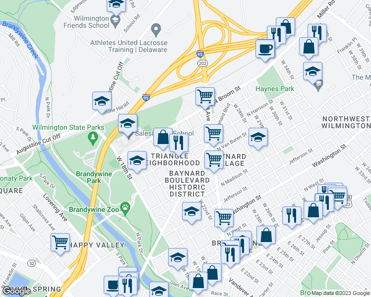 map of restaurants, bars, coffee shops, grocery stores, and more near 2213 North Harrison Street in Wilmington