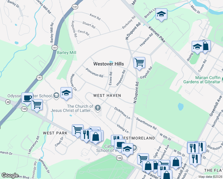 map of restaurants, bars, coffee shops, grocery stores, and more near 801 Hopeton Road in Wilmington
