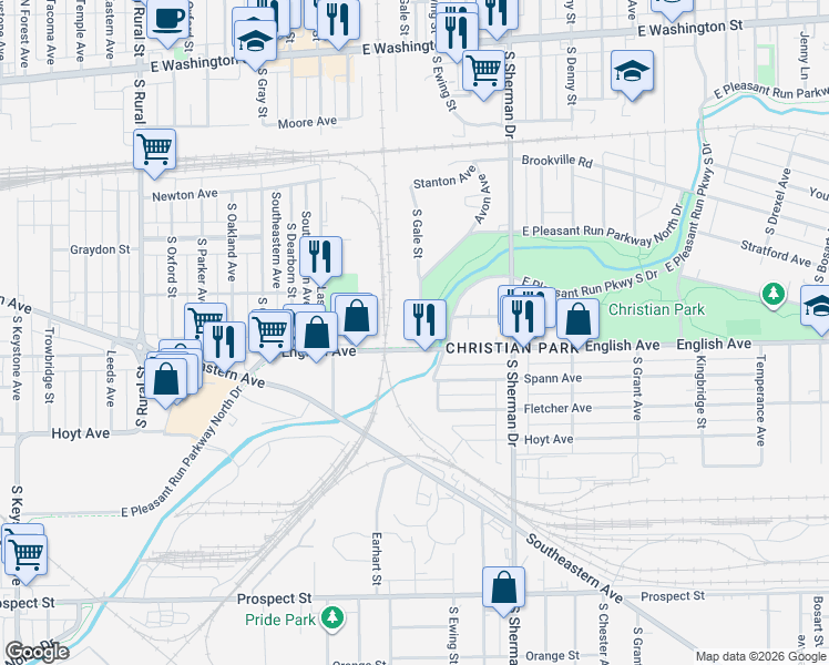 map of restaurants, bars, coffee shops, grocery stores, and more near 3726 East Pleasant Run Parkway North Drive in Indianapolis
