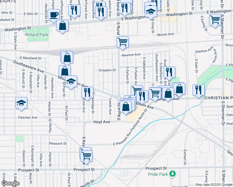 map of restaurants, bars, coffee shops, grocery stores, and more near 442 South Rural Street in Indianapolis