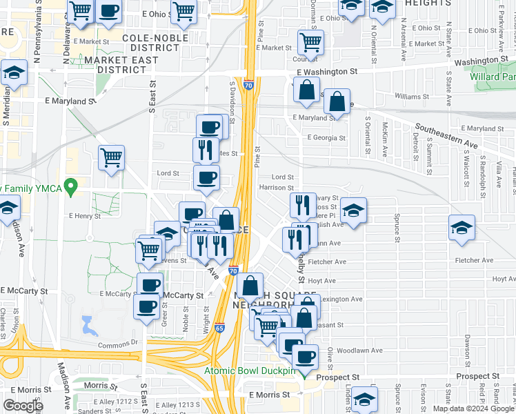 map of restaurants, bars, coffee shops, grocery stores, and more near 938 English Avenue in Indianapolis