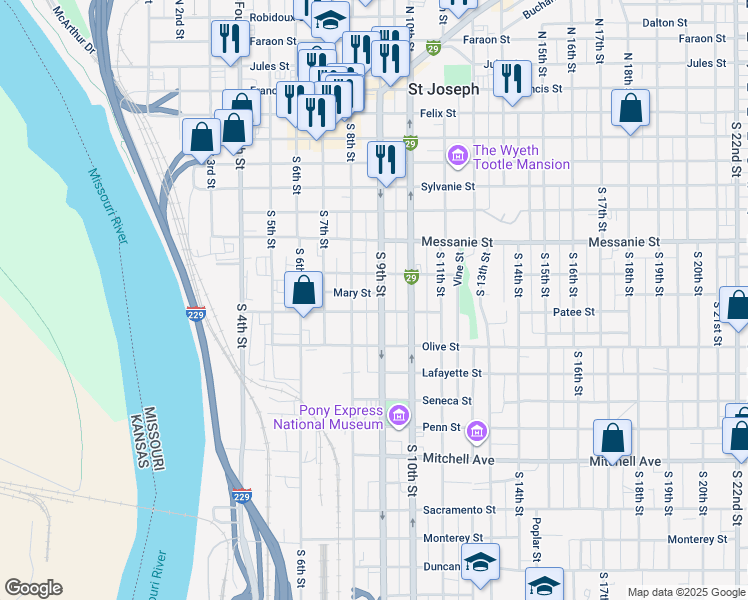 map of restaurants, bars, coffee shops, grocery stores, and more near 726 South 9th Street in Saint Joseph