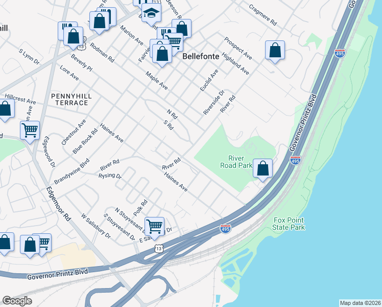 map of restaurants, bars, coffee shops, grocery stores, and more near 404 River Road in Wilmington