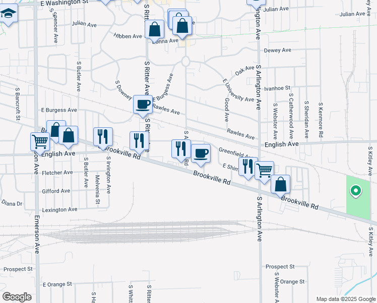 map of restaurants, bars, coffee shops, grocery stores, and more near 5702 Shimer Ave in Indianapolis