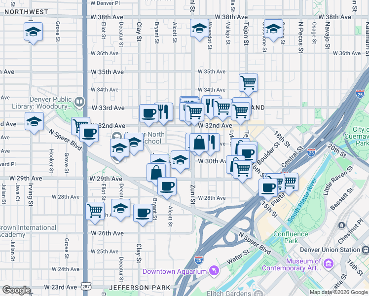 map of restaurants, bars, coffee shops, grocery stores, and more near 2425 West Caithness Place in Denver