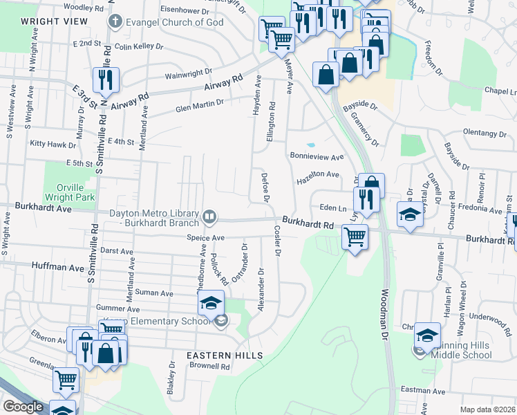 map of restaurants, bars, coffee shops, grocery stores, and more near 555 Hayden Avenue in Dayton