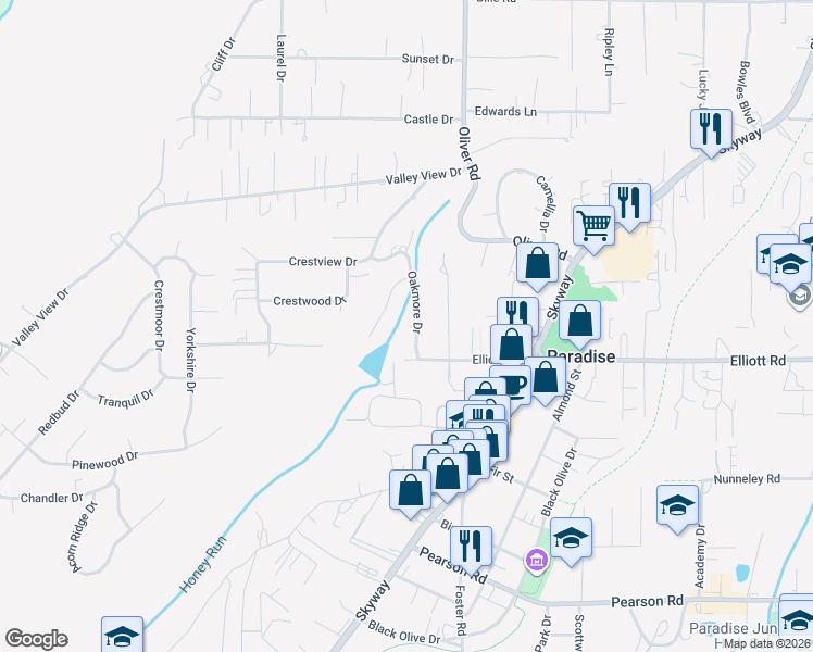 map of restaurants, bars, coffee shops, grocery stores, and more near 5883 Oakmore Drive in Paradise