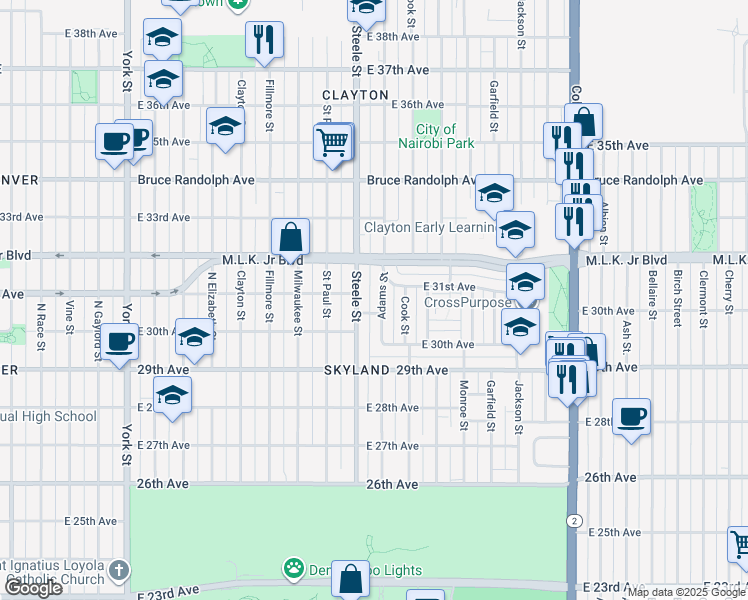 map of restaurants, bars, coffee shops, grocery stores, and more near 3075 Adams Street in Denver