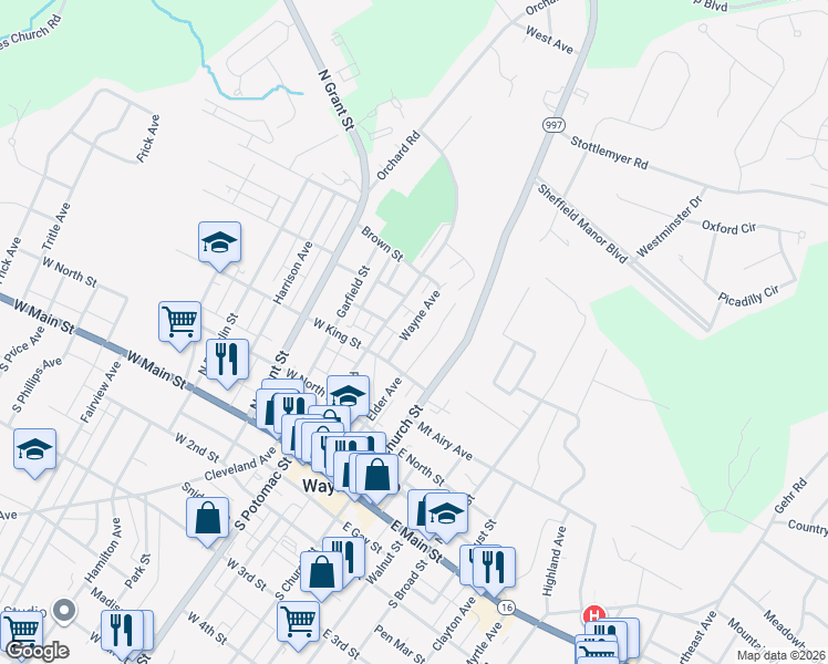 map of restaurants, bars, coffee shops, grocery stores, and more near 227 Wayne Avenue in Waynesboro
