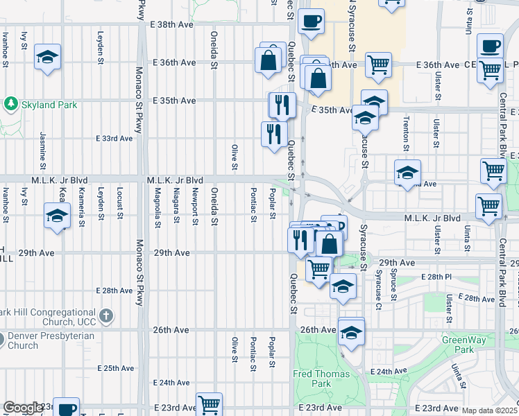 map of restaurants, bars, coffee shops, grocery stores, and more near 3010 Pontiac Street in Denver