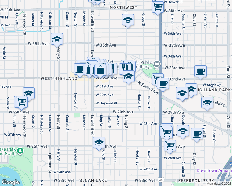 map of restaurants, bars, coffee shops, grocery stores, and more near 3365 West 30th Avenue in Denver