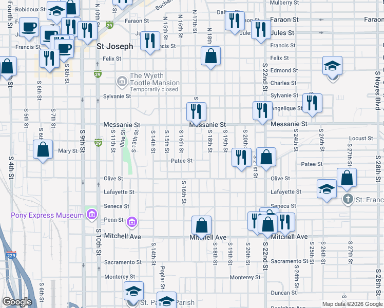 map of restaurants, bars, coffee shops, grocery stores, and more near 724 South 17th Street in Saint Joseph