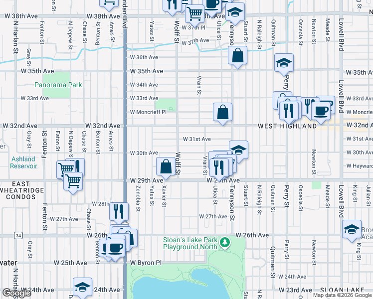 map of restaurants, bars, coffee shops, grocery stores, and more near 4721 West 30th Avenue in Denver