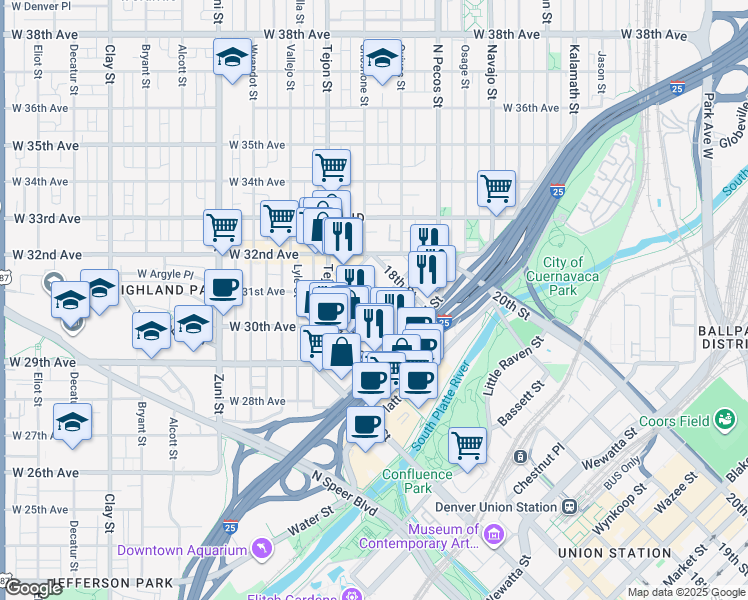 map of restaurants, bars, coffee shops, grocery stores, and more near 1715 Boulder Street in Denver