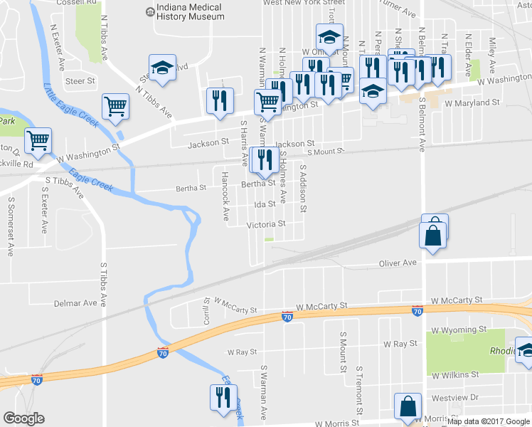 map of restaurants, bars, coffee shops, grocery stores, and more near 417 South Warman Avenue in Indianapolis