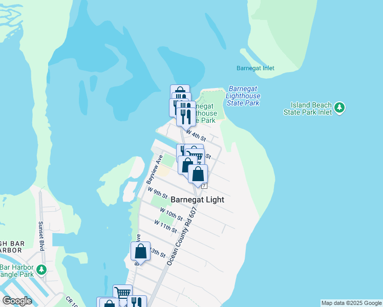 map of restaurants, bars, coffee shops, grocery stores, and more near 504 Broadway in Barnegat Light
