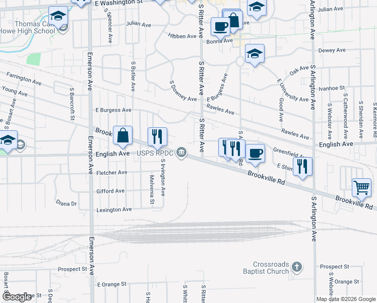 map of restaurants, bars, coffee shops, grocery stores, and more near 5452 South Brookville Road in Indianapolis
