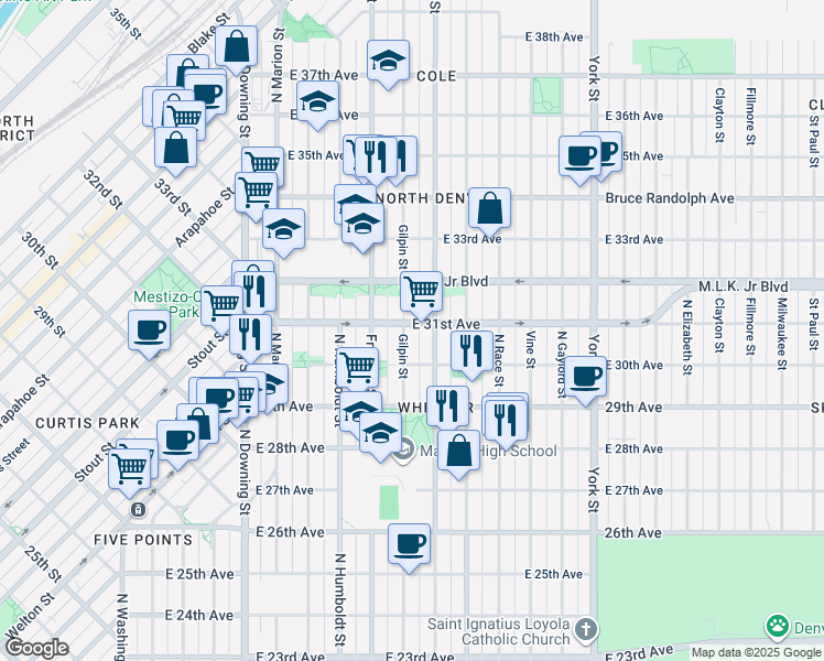 map of restaurants, bars, coffee shops, grocery stores, and more near 3058 Gilpin Street in Denver