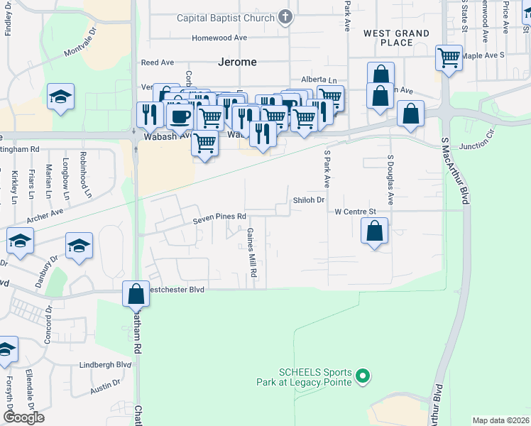 map of restaurants, bars, coffee shops, grocery stores, and more near 1565 Seven Pines Road in Springfield